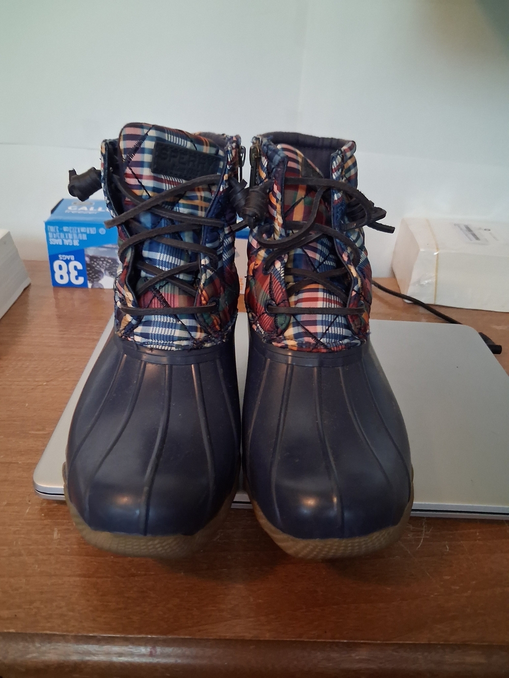 Sperry Navy Rubber Duck Boots with Multicolor Plaid Collar